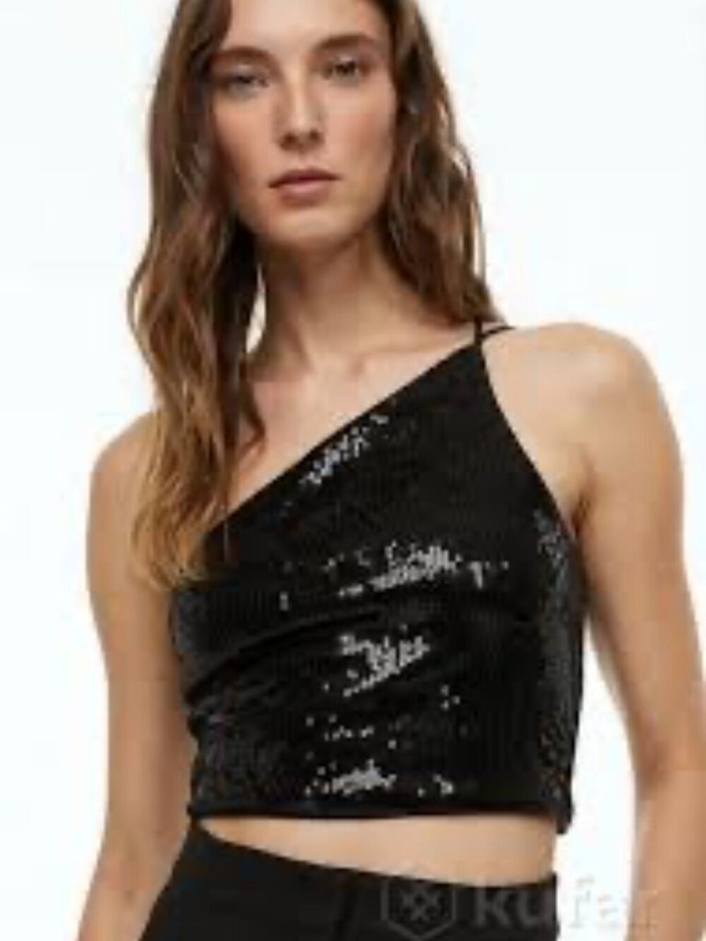 Black Shimmer Sequin One Shoulder Crop Top Size M